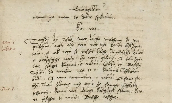 Seite aus der Handschrift des niedersorbischen Testaments von Mikławš Jakubica aus dem Jahr 1548
